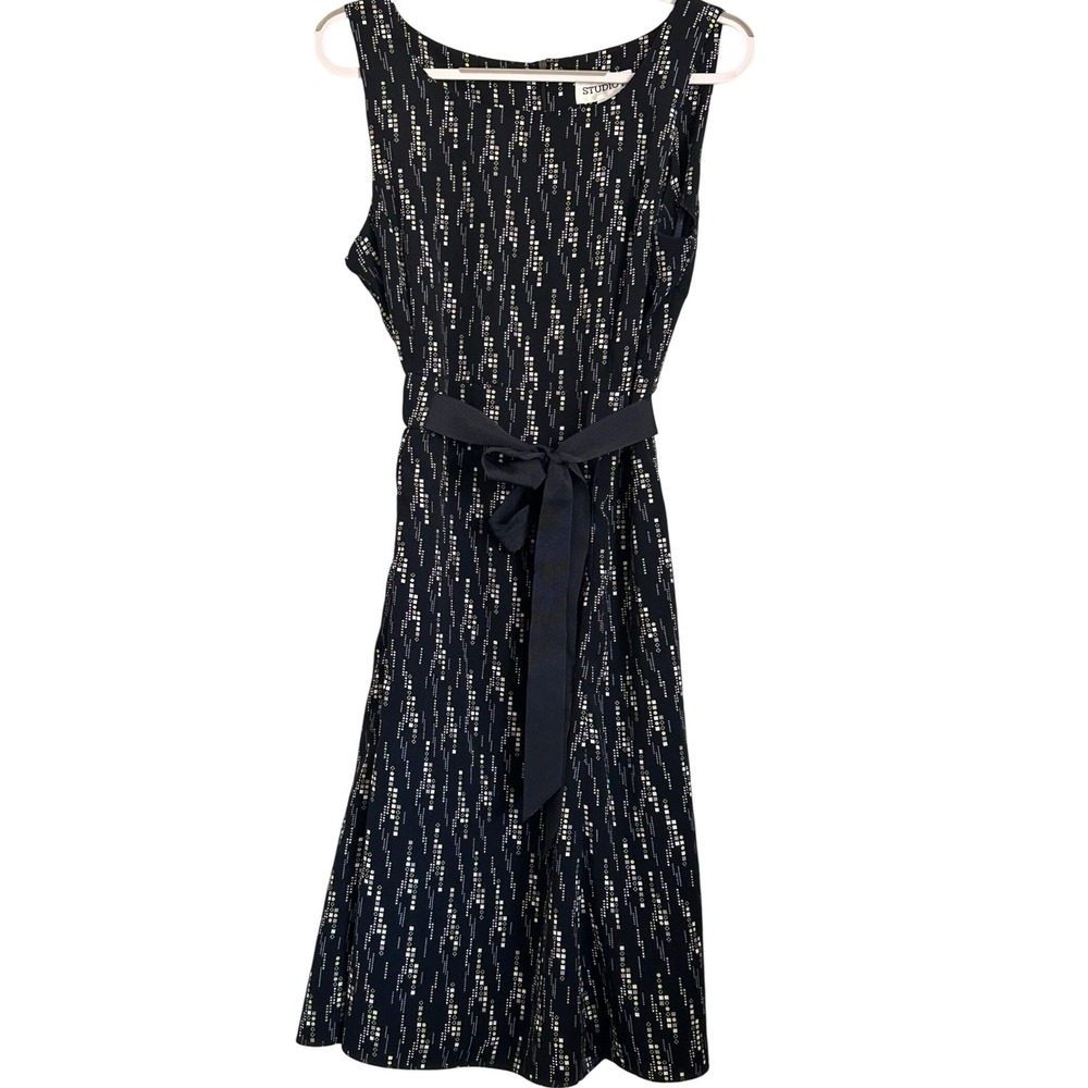 Studio I Black Geometric Print‎ Sleeveless Midi Dress with Belt Womens 14
